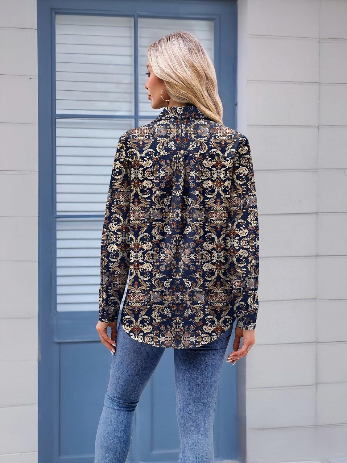 imageZeagoo Womens Button Down Shirt Long Sleeve Blouse Business Work Tops Dressy Casual Floral Printed Outfits with PocketMz869