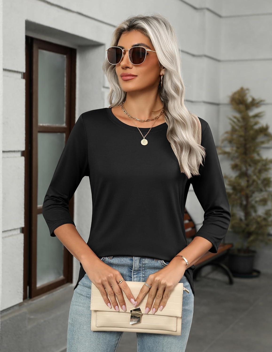 imageZeagoo Womens Casual 34 Sleeve TShirts Round Neck Cute Tunic Tops Basic Tees Blouses Business Work Tee TopBlack