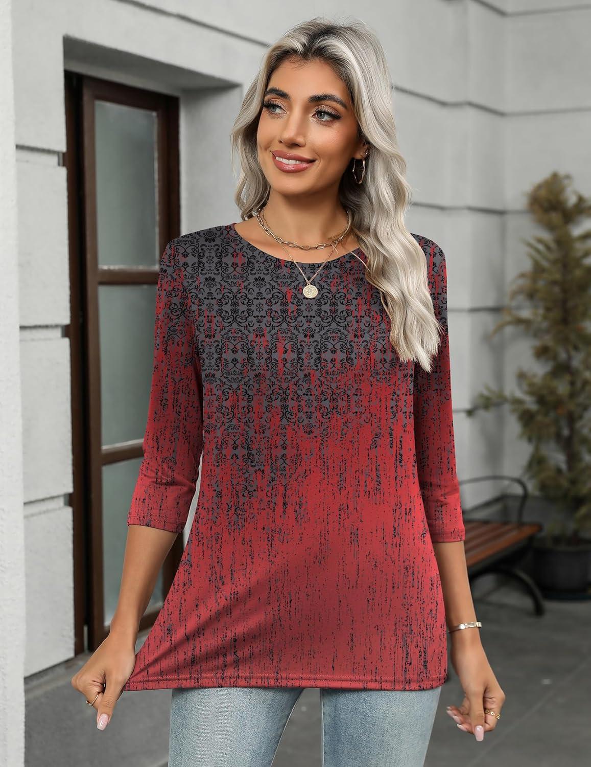 imageZeagoo Womens Casual 34 Sleeve TShirts Round Neck Cute Tunic Tops Basic Tees Blouses Business Work Tee TopBlack Redmz838