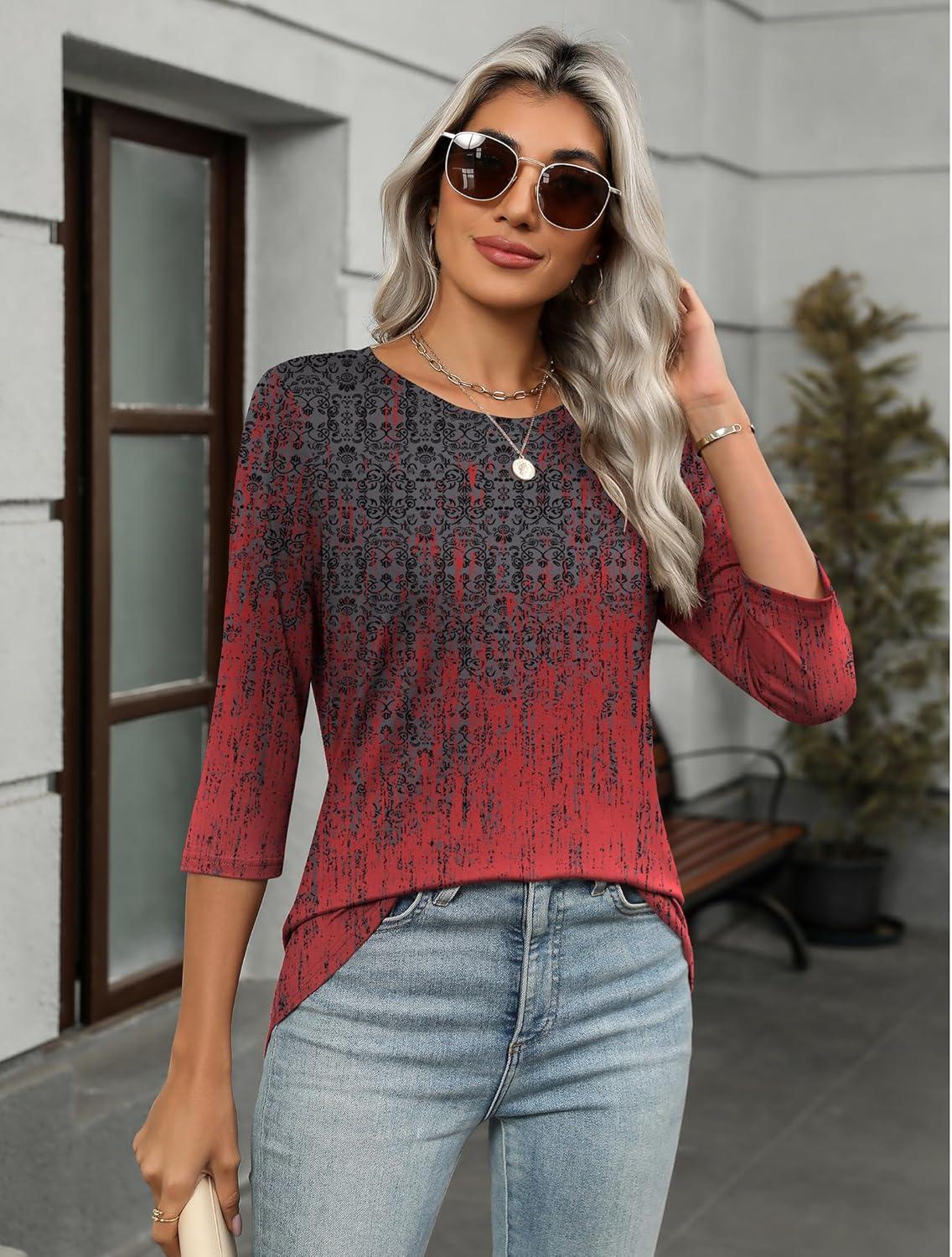 imageZeagoo Womens Casual 34 Sleeve TShirts Round Neck Cute Tunic Tops Basic Tees Blouses Business Work Tee TopBlack Redmz838