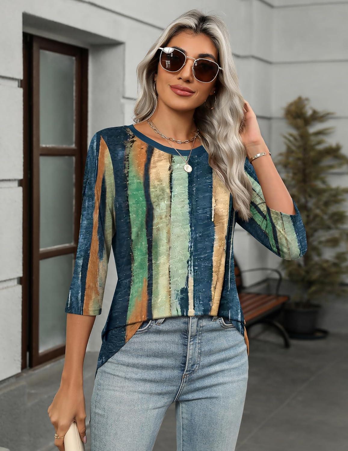 imageZeagoo Womens Casual 34 Sleeve TShirts Round Neck Cute Tunic Tops Basic Tees Blouses Business Work Tee TopMulticolorcx289