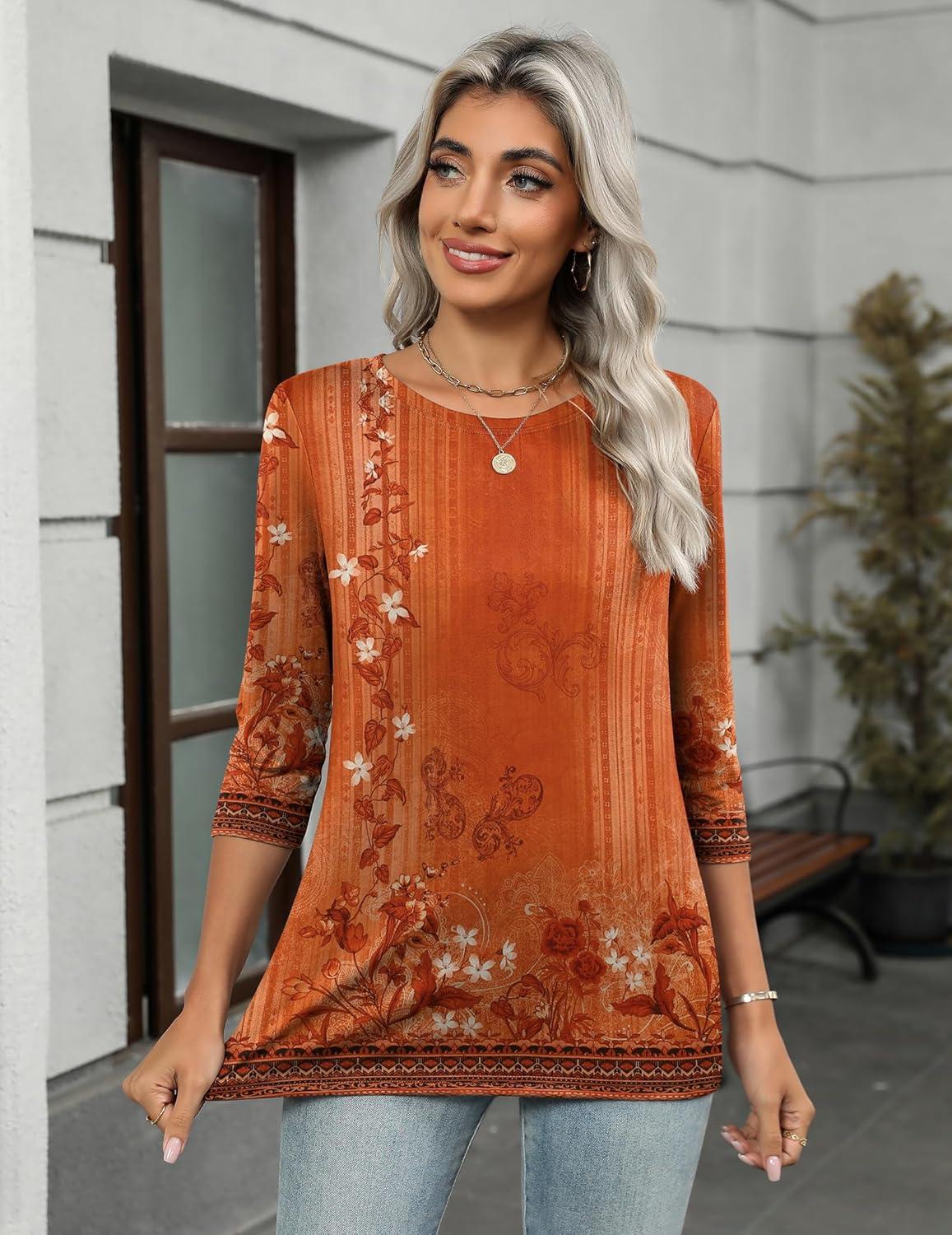 imageZeagoo Womens Casual 34 Sleeve TShirts Round Neck Cute Tunic Tops Basic Tees Blouses Business Work Tee TopOrangemz867