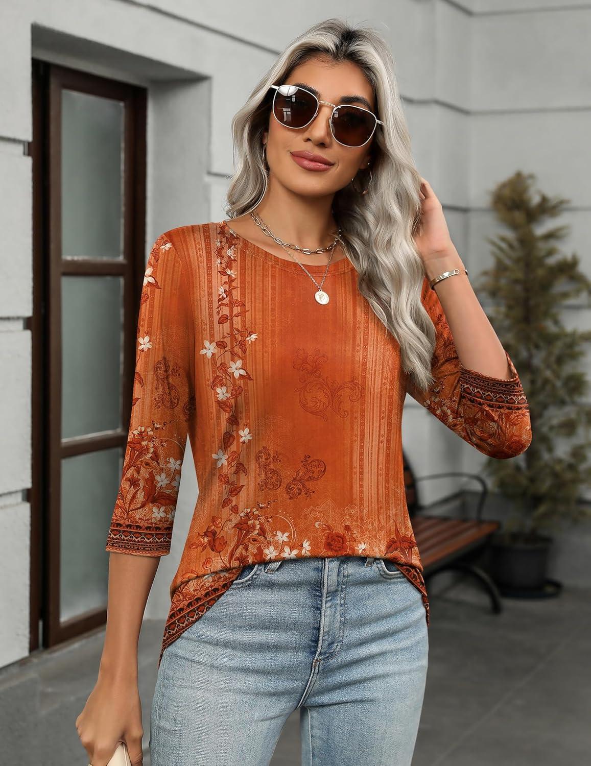 imageZeagoo Womens Casual 34 Sleeve TShirts Round Neck Cute Tunic Tops Basic Tees Blouses Business Work Tee TopOrangemz867