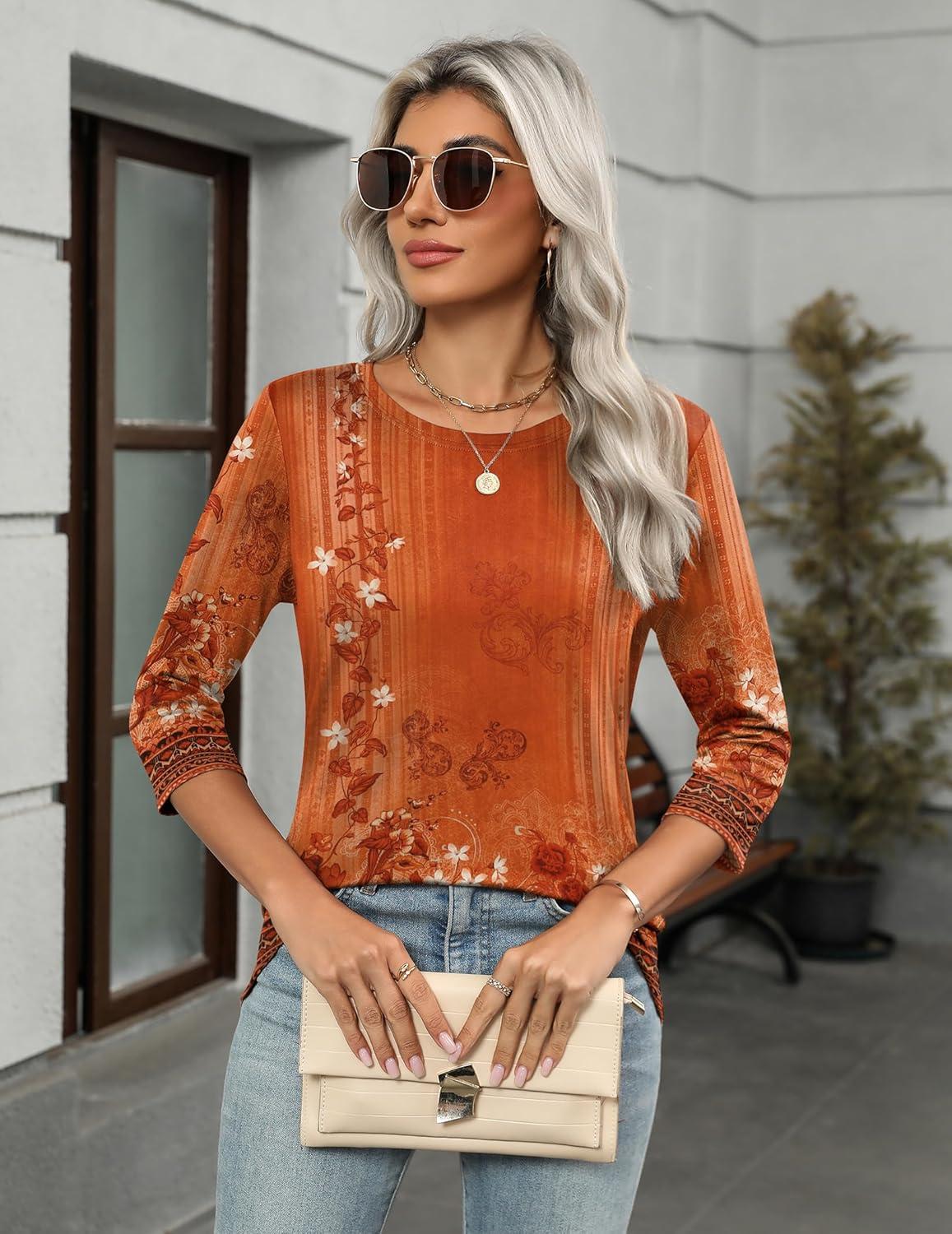 imageZeagoo Womens Casual 34 Sleeve TShirts Round Neck Cute Tunic Tops Basic Tees Blouses Business Work Tee TopOrangemz867