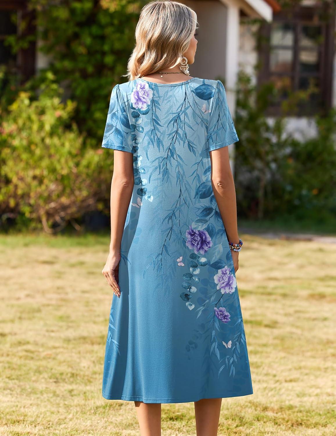 imageZeagoo Womens Casual Dresses for Summer Short Sleeve Flare Midi Dress Loose Beach Sundress Pleated Front Dress with Pockets01 Blue Floral