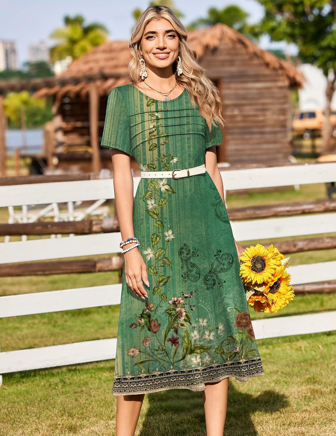 imageZeagoo Womens Casual Dresses for Summer Short Sleeve Flare Midi Dress Loose Beach Sundress Pleated Front Dress with Pockets02 Green Floral