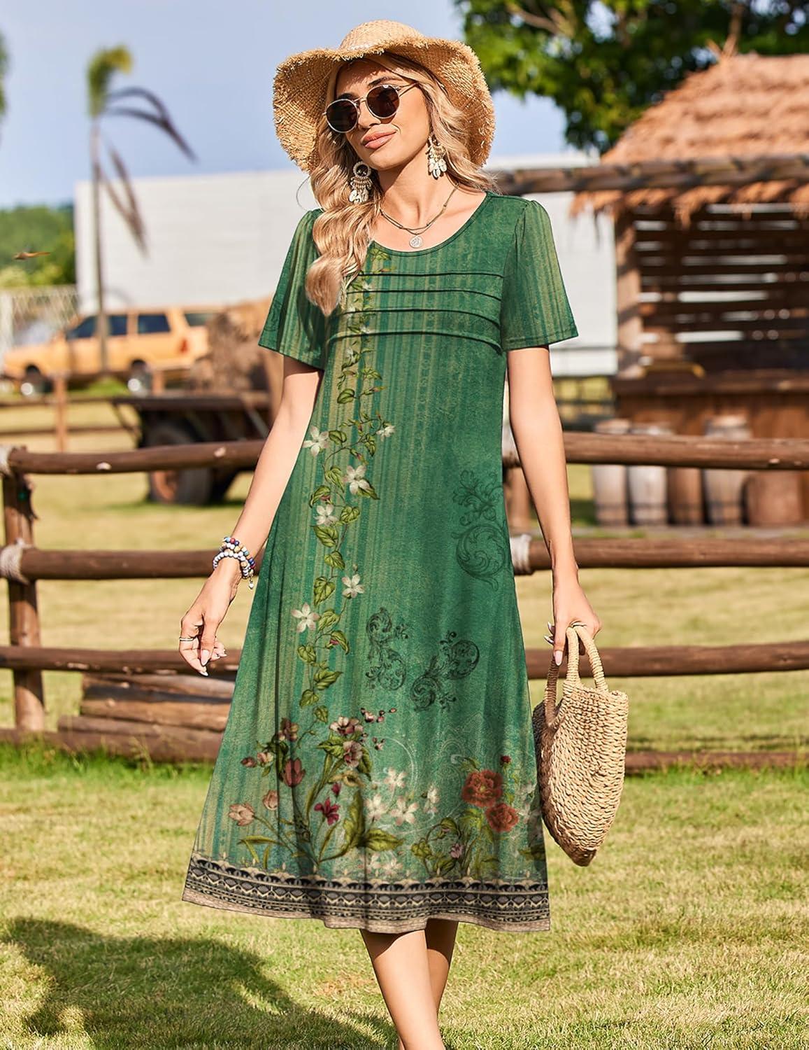 imageZeagoo Womens Casual Dresses for Summer Short Sleeve Flare Midi Dress Loose Beach Sundress Pleated Front Dress with Pockets02 Green Floral