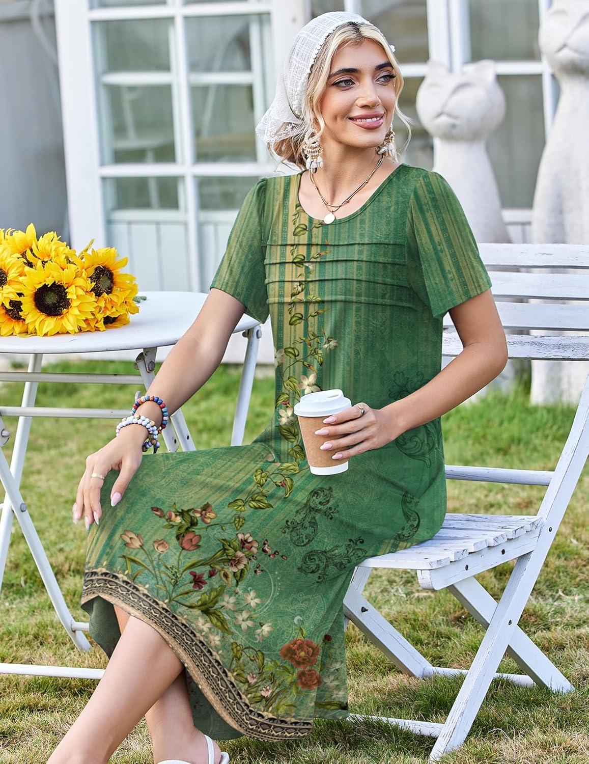 imageZeagoo Womens Casual Dresses for Summer Short Sleeve Flare Midi Dress Loose Beach Sundress Pleated Front Dress with Pockets02 Green Floral