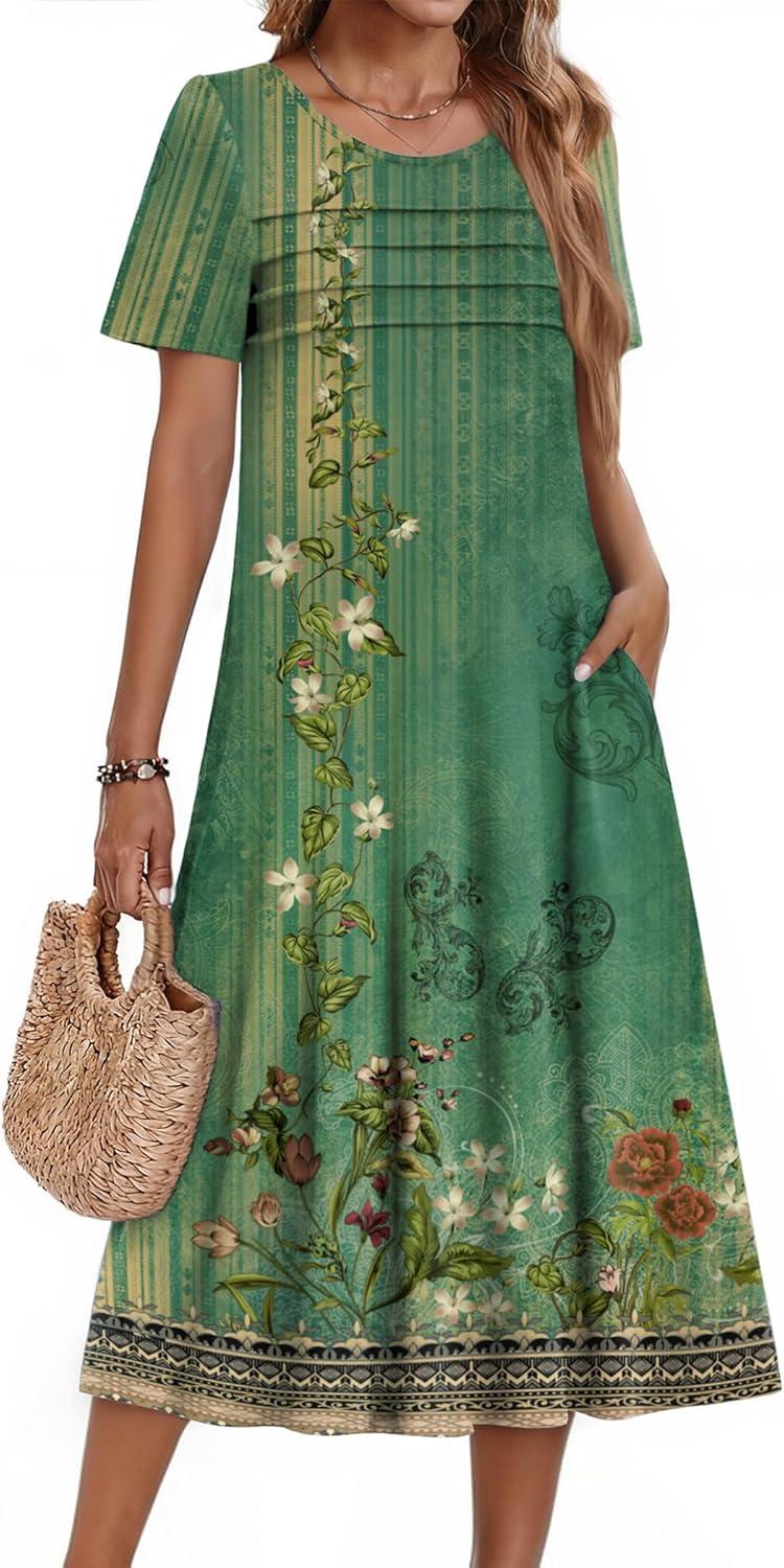 imageZeagoo Womens Casual Dresses for Summer Short Sleeve Flare Midi Dress Loose Beach Sundress Pleated Front Dress with Pockets02 Green Floral