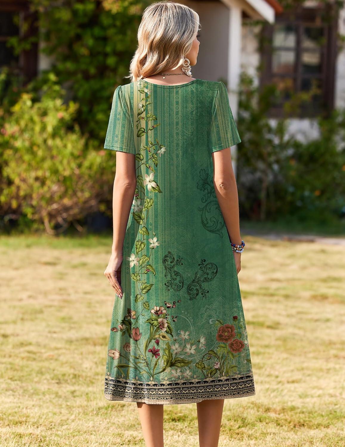 imageZeagoo Womens Casual Dresses for Summer Short Sleeve Flare Midi Dress Loose Beach Sundress Pleated Front Dress with Pockets02 Green Floral