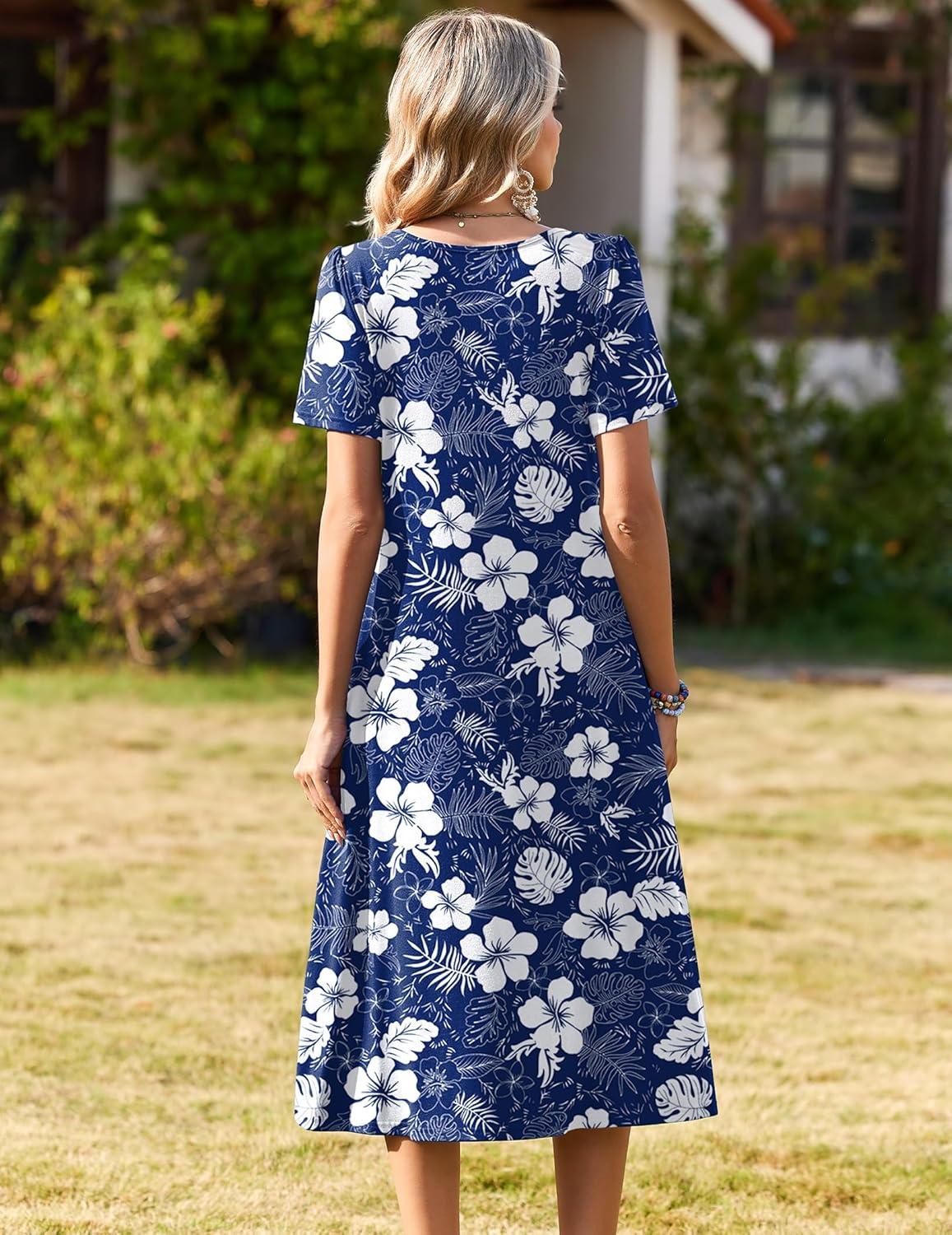 imageZeagoo Womens Casual Dresses for Summer Short Sleeve Flare Midi Dress Loose Beach Sundress Pleated Front Dress with Pockets02 Navy Floral