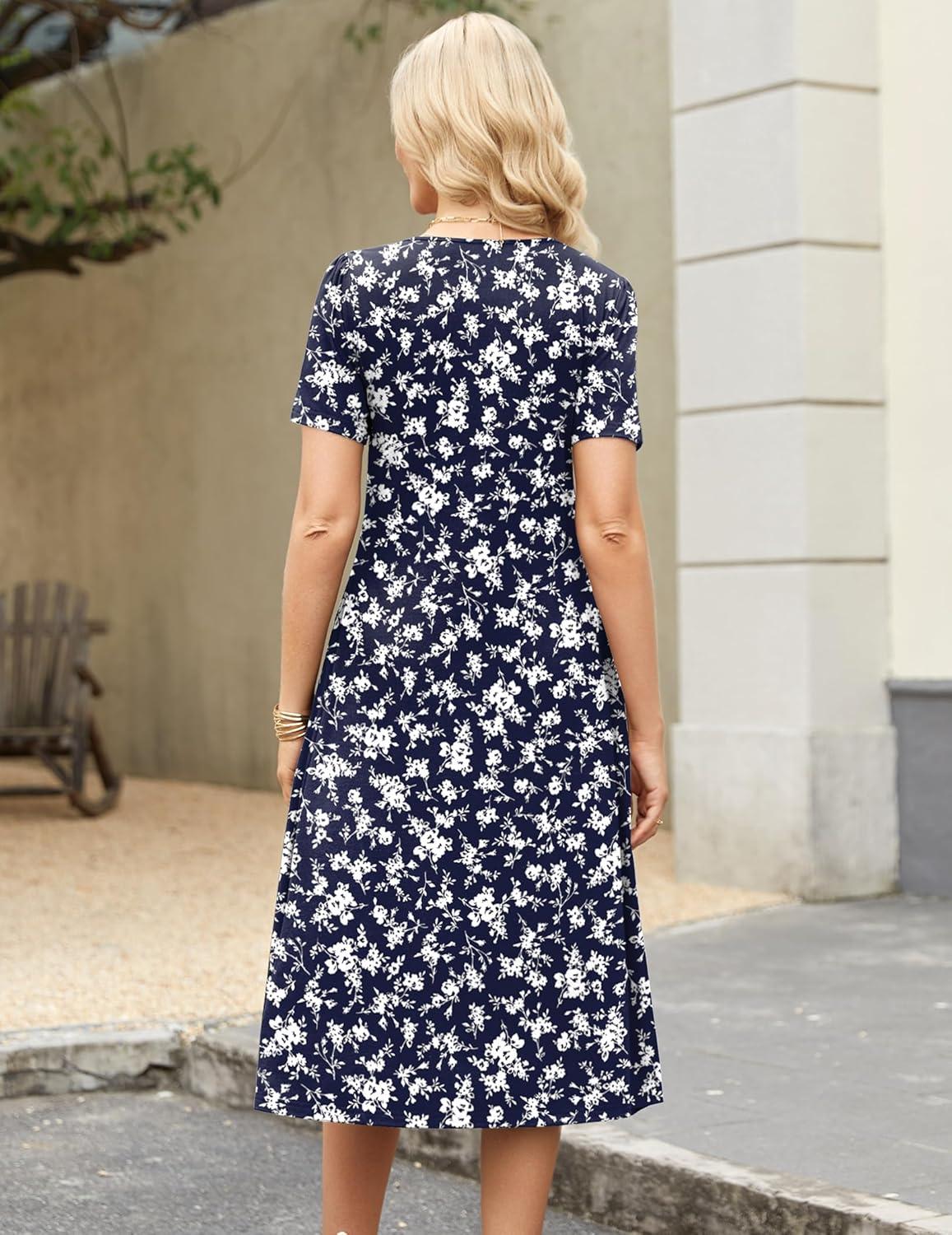 imageZeagoo Womens Casual Dresses for Summer Short Sleeve Flare Midi Dress Loose Beach Sundress Pleated Front Dress with Pockets03 Blue