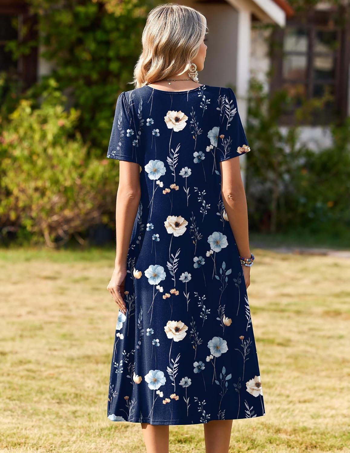 imageZeagoo Womens Casual Dresses for Summer Short Sleeve Flare Midi Dress Loose Beach Sundress Pleated Front Dress with Pockets04 Navy Floral