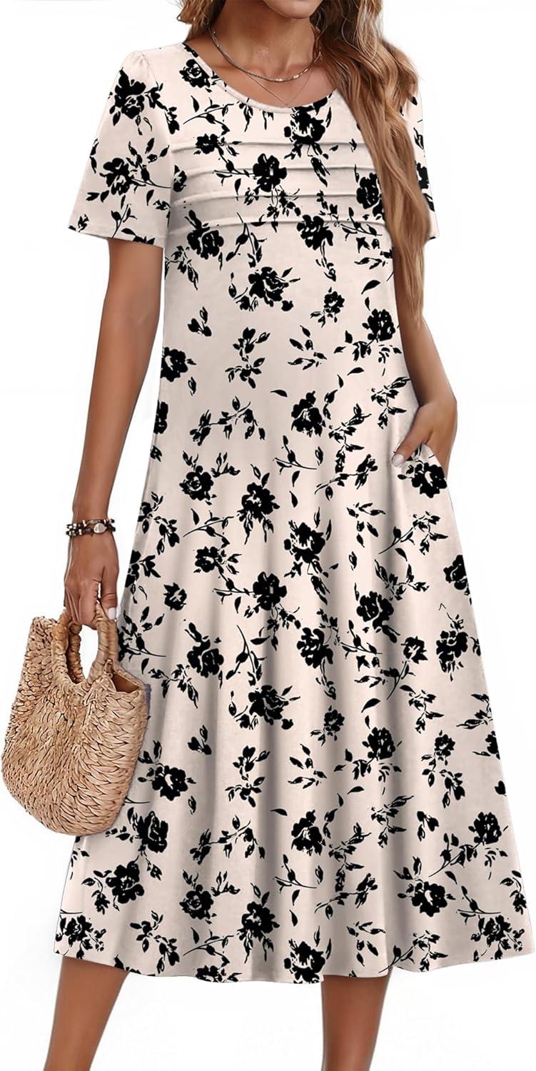 imageZeagoo Womens Casual Dresses for Summer Short Sleeve Flare Midi Dress Loose Beach Sundress Pleated Front Dress with PocketsBeige Floral