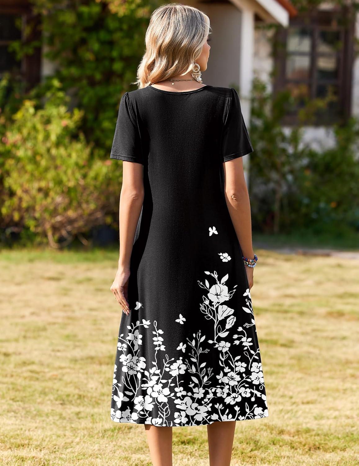 imageZeagoo Womens Casual Dresses for Summer Short Sleeve Flare Midi Dress Loose Beach Sundress Pleated Front Dress with PocketsBlack Floral