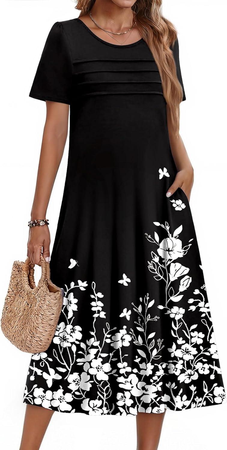 imageZeagoo Womens Casual Dresses for Summer Short Sleeve Flare Midi Dress Loose Beach Sundress Pleated Front Dress with PocketsBlack Floral