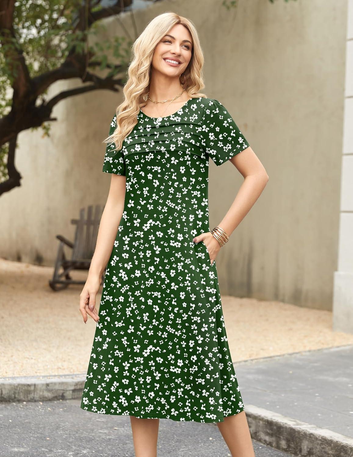 imageZeagoo Womens Casual Dresses for Summer Short Sleeve Flare Midi Dress Loose Beach Sundress Pleated Front Dress with PocketsGreen Floral