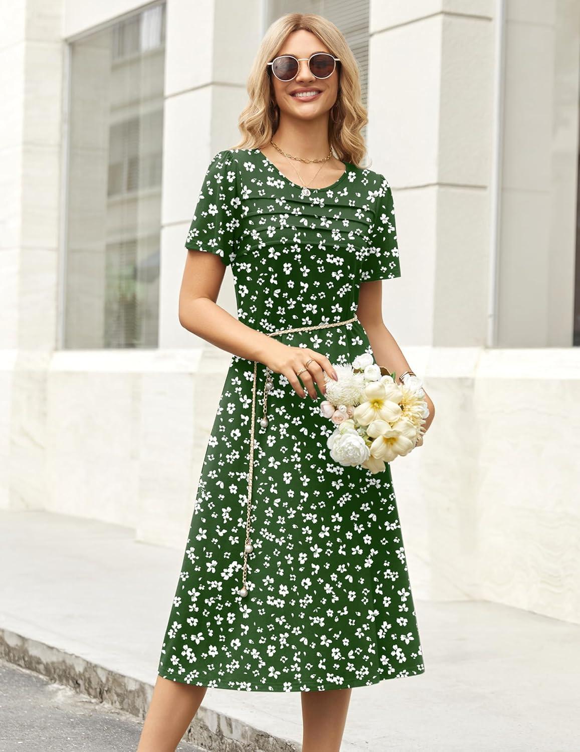 imageZeagoo Womens Casual Dresses for Summer Short Sleeve Flare Midi Dress Loose Beach Sundress Pleated Front Dress with PocketsGreen Floral