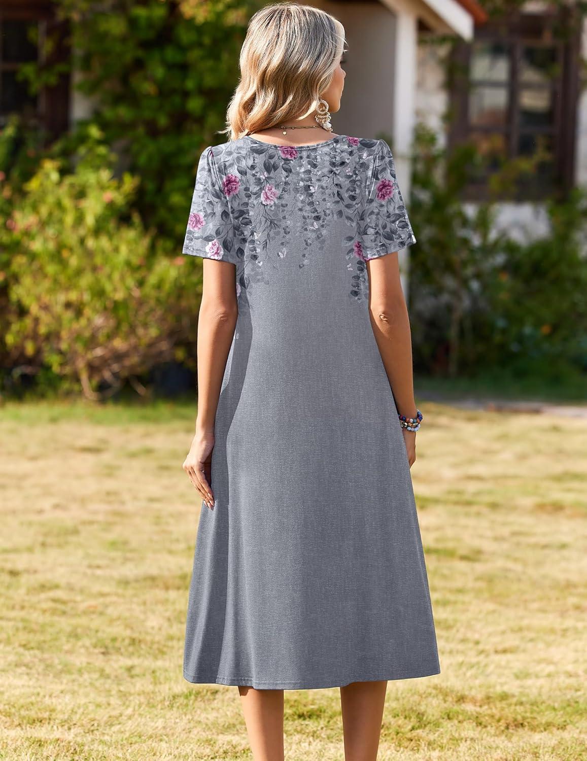 imageZeagoo Womens Casual Dresses for Summer Short Sleeve Flare Midi Dress Loose Beach Sundress Pleated Front Dress with PocketsGrey Floral