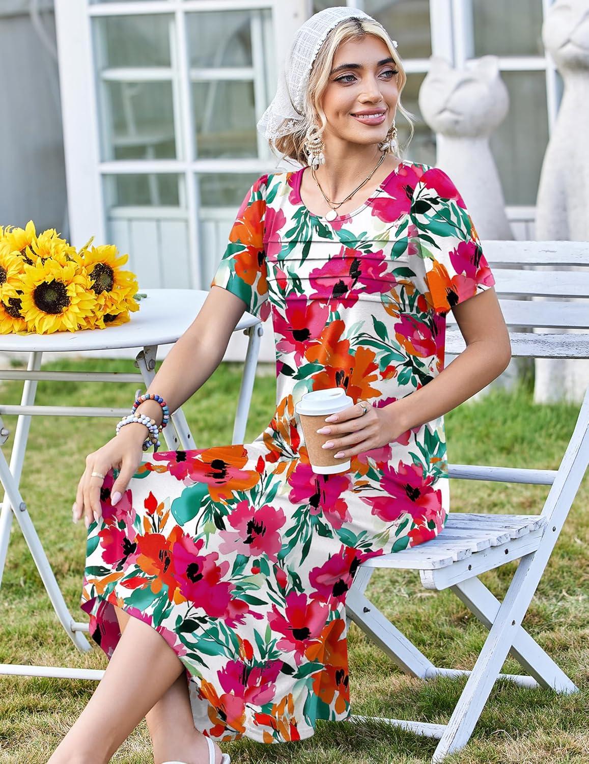 imageZeagoo Womens Casual Dresses for Summer Short Sleeve Flare Midi Dress Loose Beach Sundress Pleated Front Dress with PocketsRed Floral