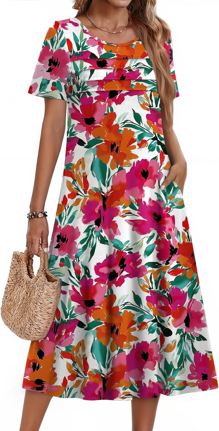 imageZeagoo Womens Casual Dresses for Summer Short Sleeve Flare Midi Dress Loose Beach Sundress Pleated Front Dress with PocketsRed Floral