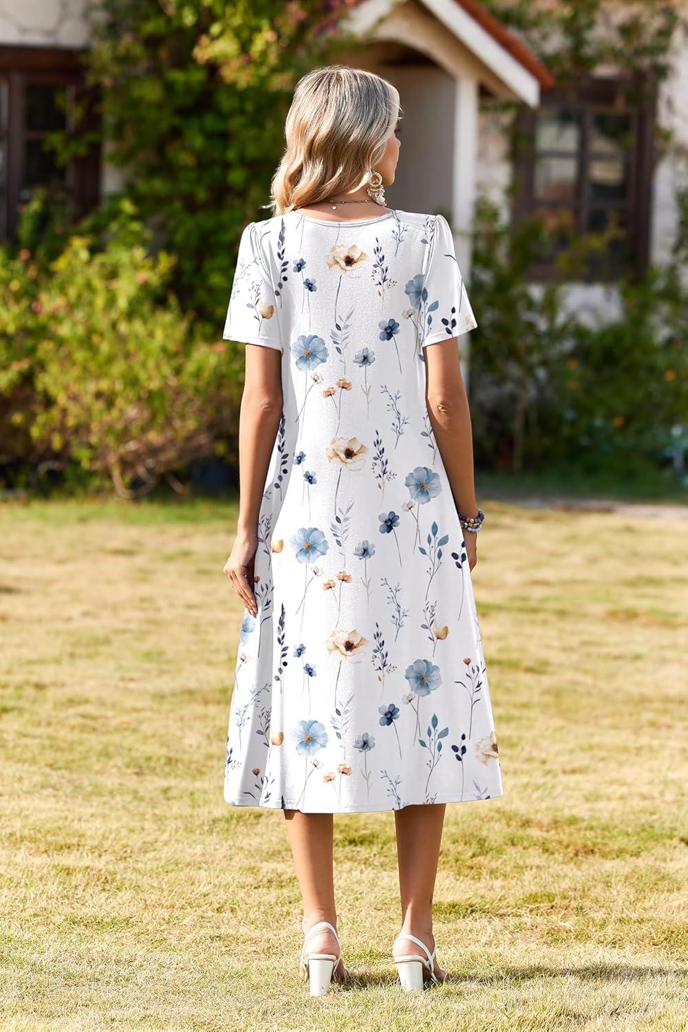 imageZeagoo Womens Casual Dresses for Summer Short Sleeve Flare Midi Dress Loose Beach Sundress Pleated Front Dress with PocketsWhite Floral