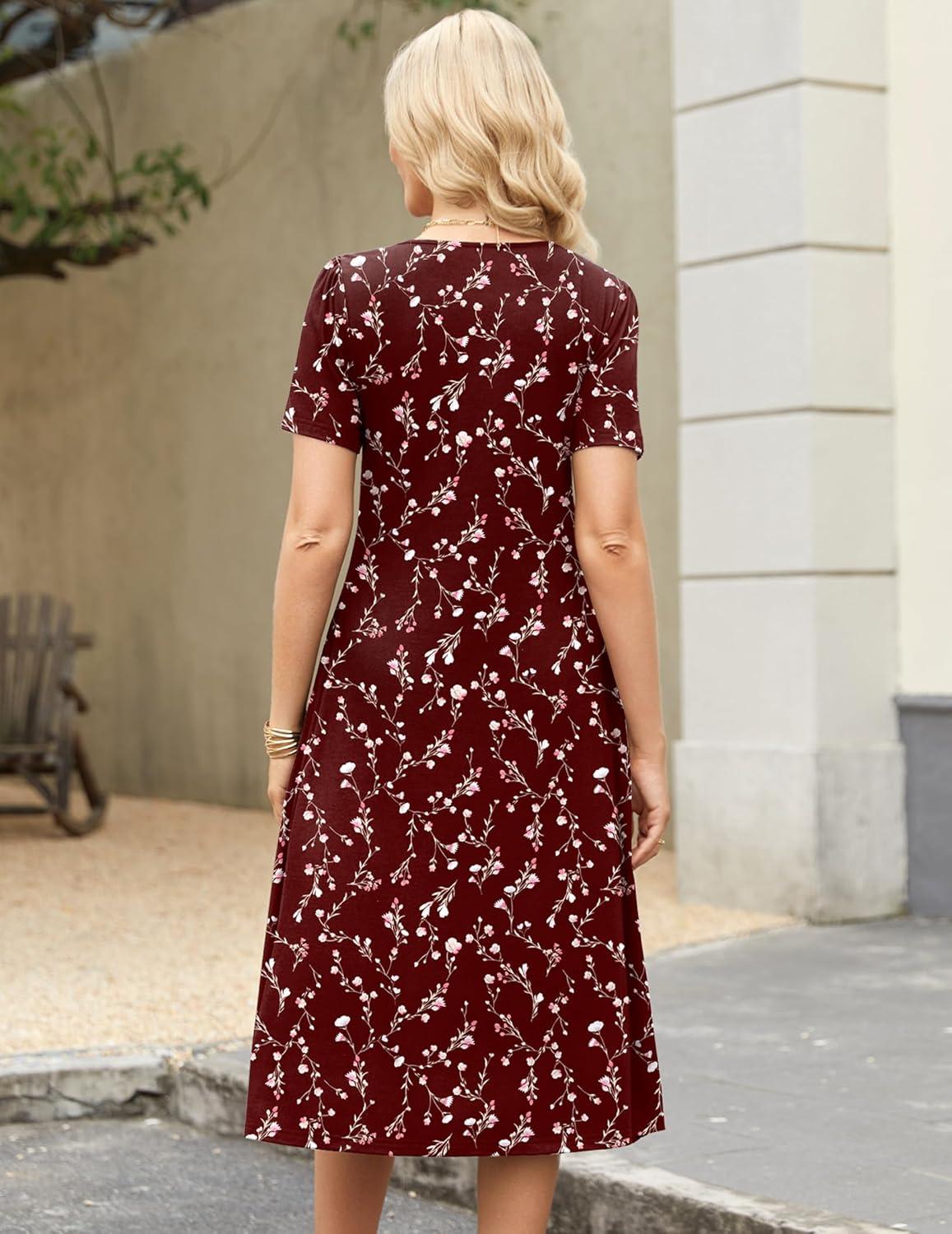 imageZeagoo Womens Casual Dresses for Summer Short Sleeve Flare Midi Dress Loose Beach Sundress Pleated Front Dress with PocketsWine Red Floral