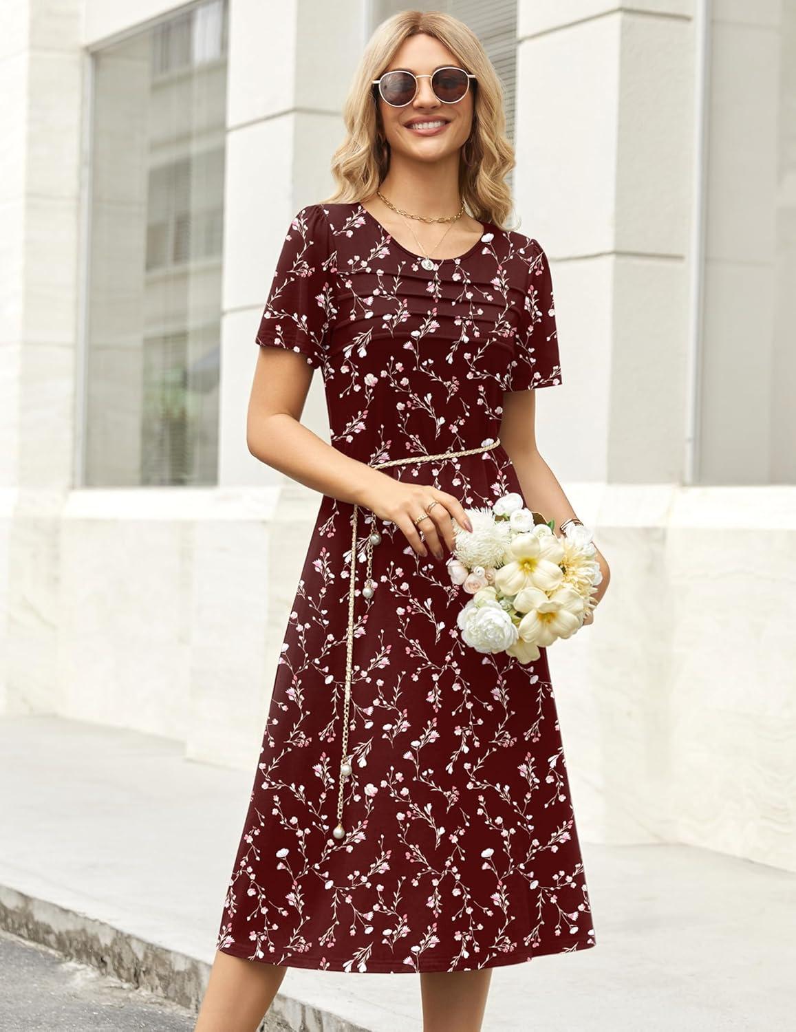 imageZeagoo Womens Casual Dresses for Summer Short Sleeve Flare Midi Dress Loose Beach Sundress Pleated Front Dress with PocketsWine Red Floral