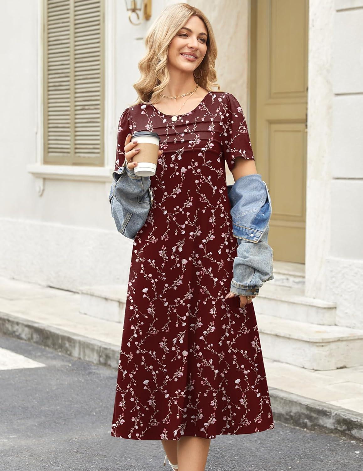 imageZeagoo Womens Casual Dresses for Summer Short Sleeve Flare Midi Dress Loose Beach Sundress Pleated Front Dress with PocketsWine Red Floral