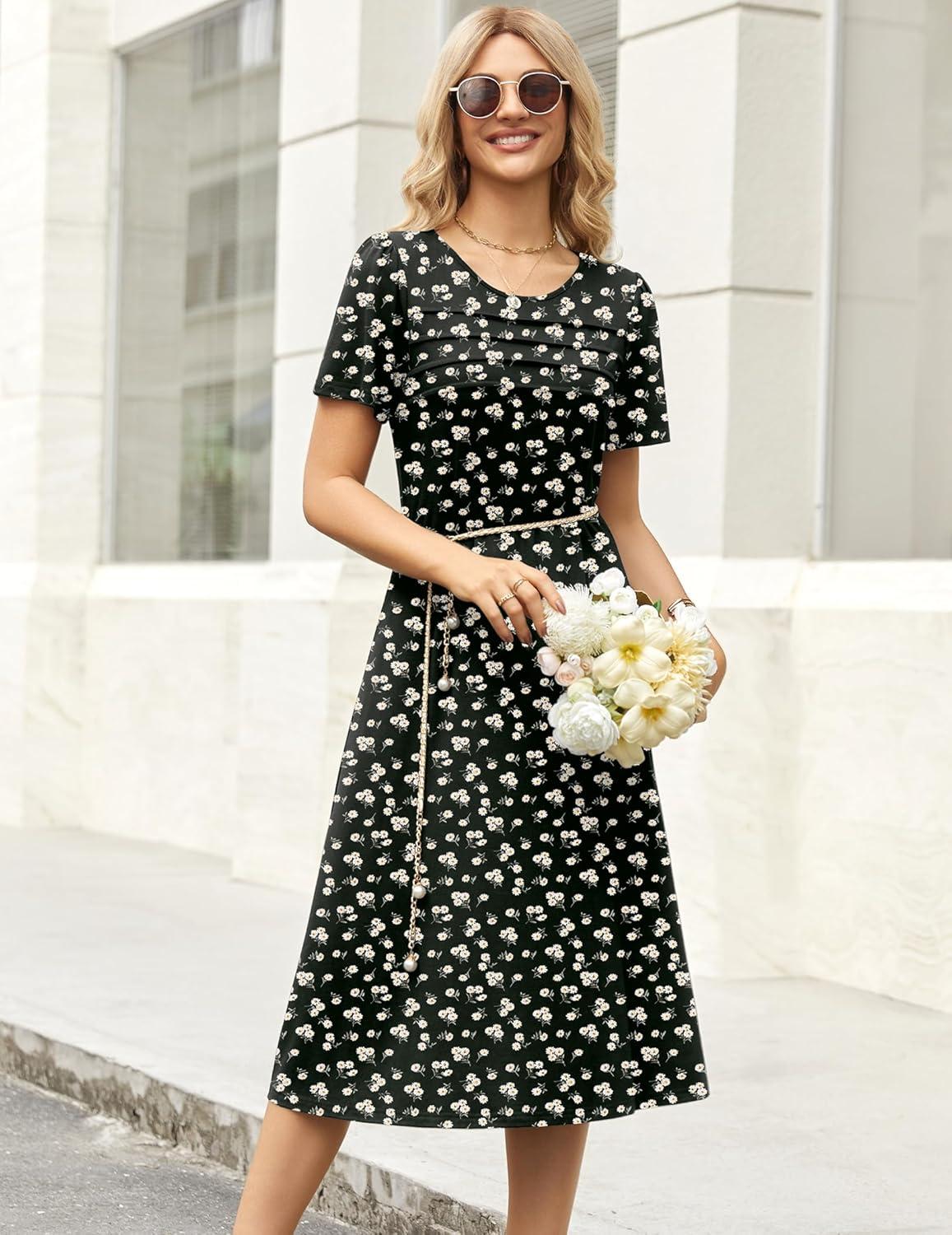 imageZeagoo Womens Casual Dresses for Summer Short Sleeve Flare Midi Dress Loose Beach Sundress Pleated Front Dress with PocketsXh33
