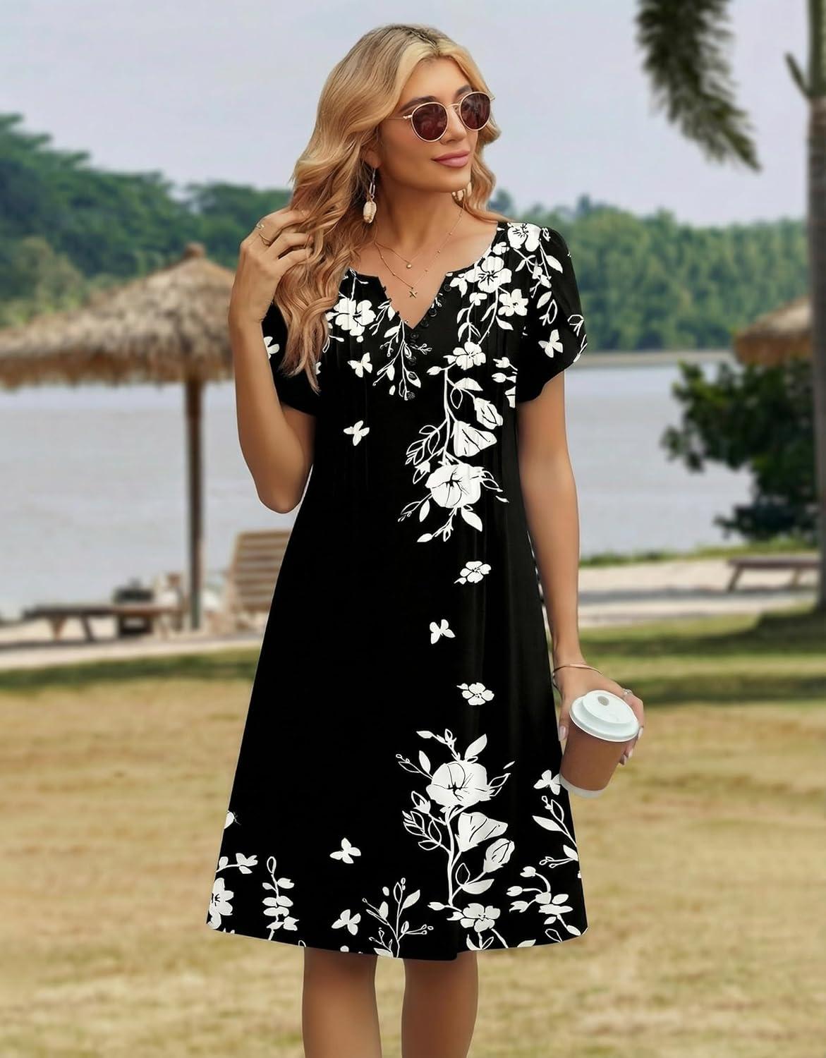 imageZeagoo Womens Casual Dresses with Pockets Summer Floral VNeck ALine Tshirt Dress Short Sleeve Mini Dress Beach SundressA01black Floral