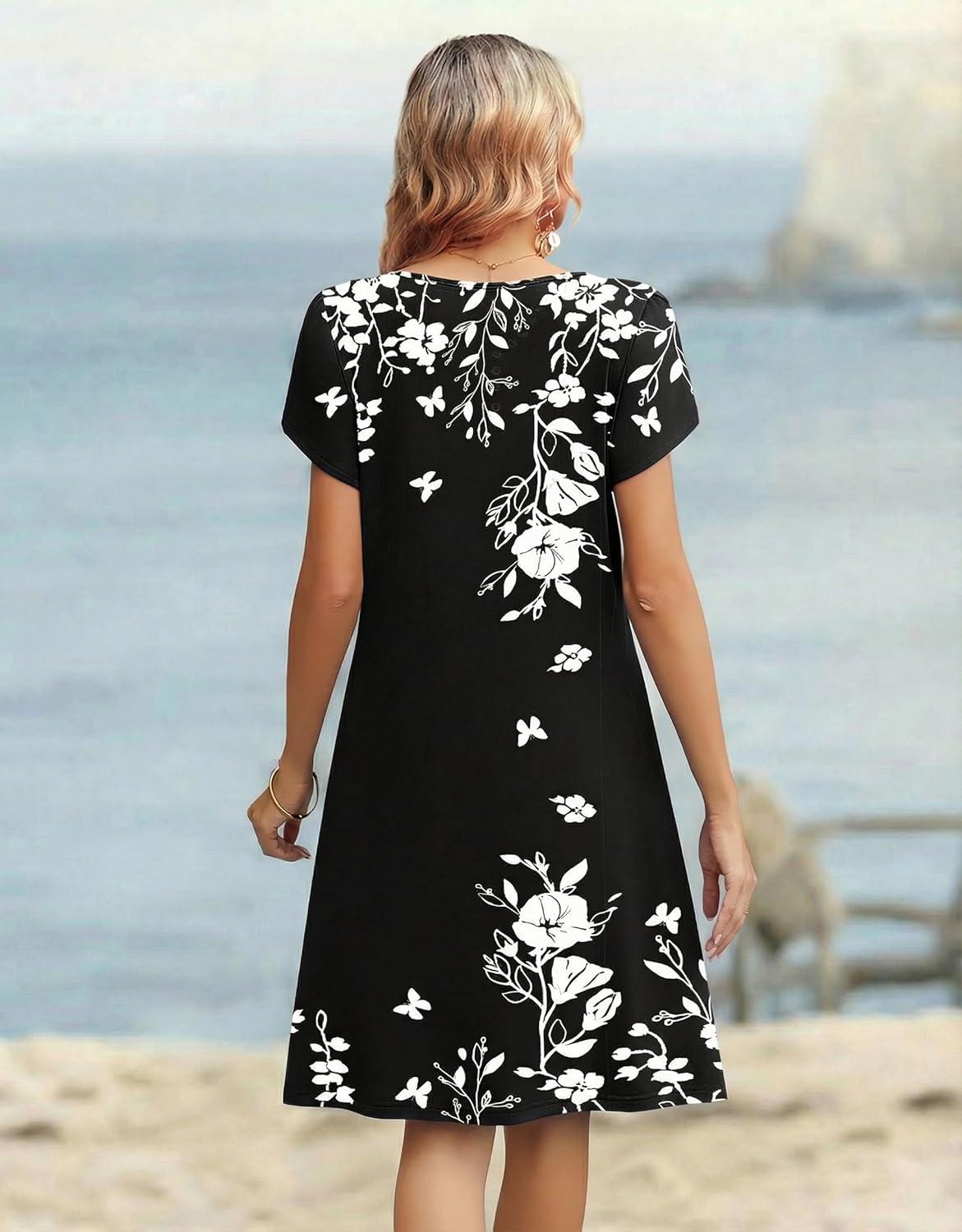 imageZeagoo Womens Casual Dresses with Pockets Summer Floral VNeck ALine Tshirt Dress Short Sleeve Mini Dress Beach SundressA01black Floral