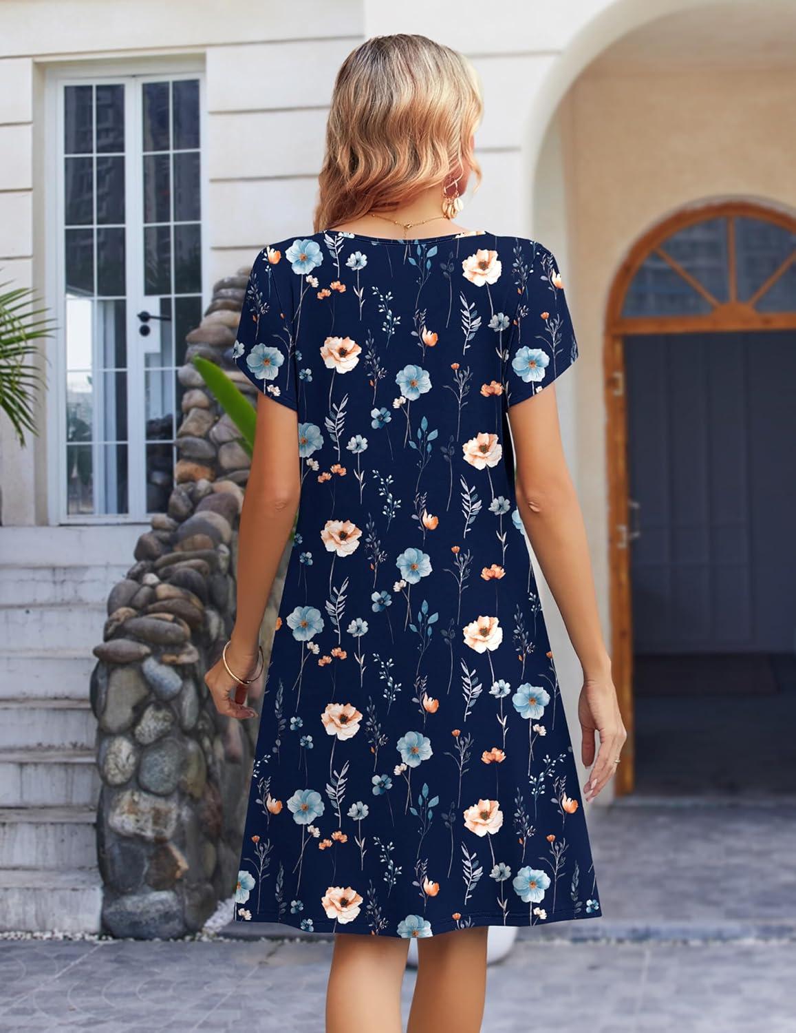imageZeagoo Womens Casual Dresses with Pockets Summer Floral VNeck ALine Tshirt Dress Short Sleeve Mini Dress Beach SundressA02navy Blue Floral