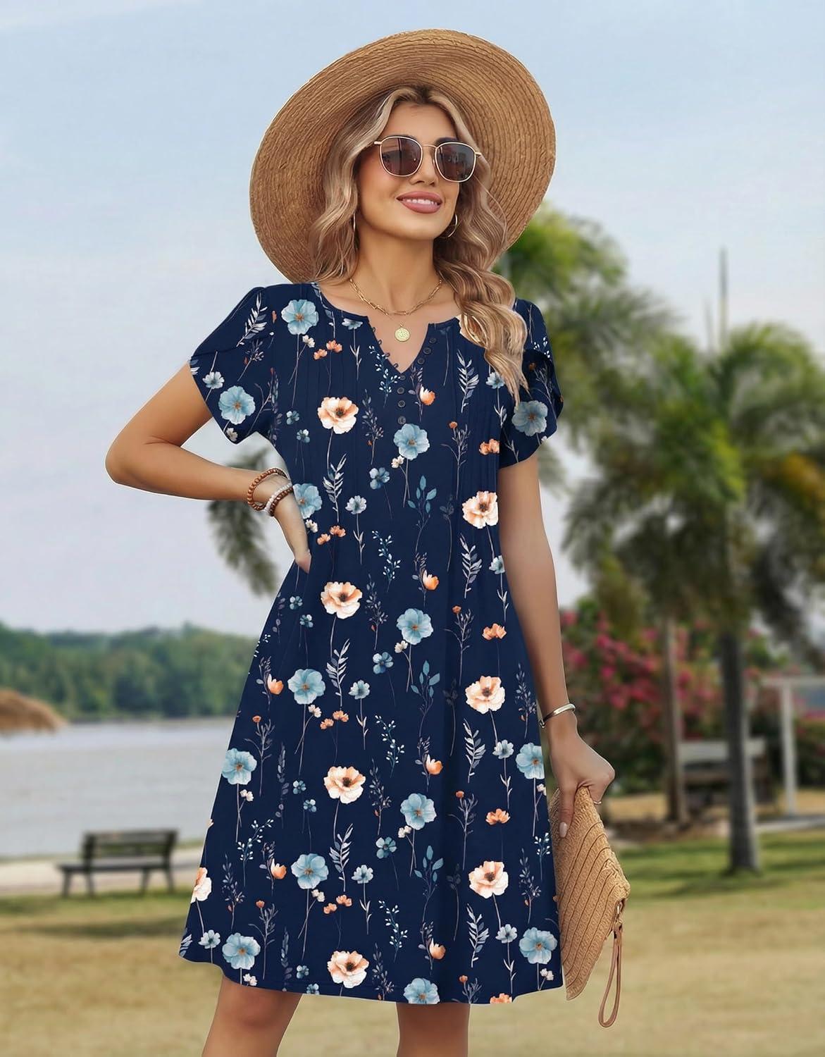 imageZeagoo Womens Casual Dresses with Pockets Summer Floral VNeck ALine Tshirt Dress Short Sleeve Mini Dress Beach SundressA02navy Blue Floral