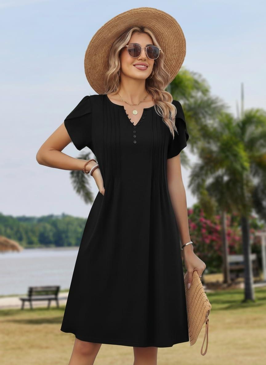imageZeagoo Womens Casual Dresses with Pockets Summer Floral VNeck ALine Tshirt Dress Short Sleeve Mini Dress Beach SundressBlack