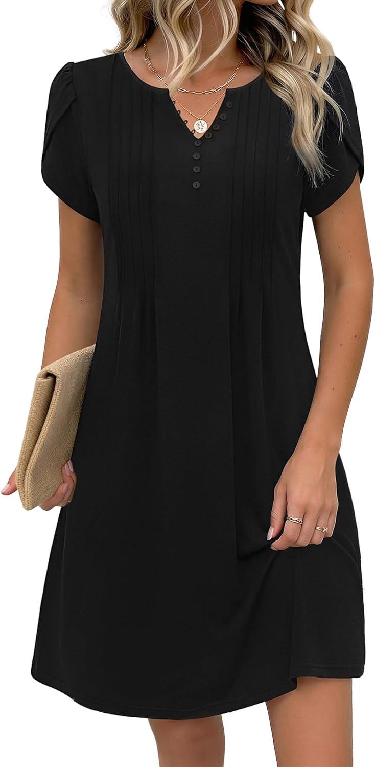 imageZeagoo Womens Casual Dresses with Pockets Summer Floral VNeck ALine Tshirt Dress Short Sleeve Mini Dress Beach SundressBlack