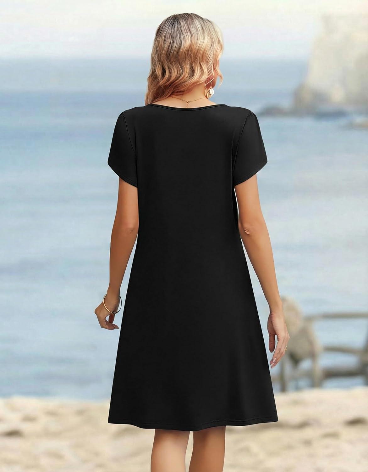imageZeagoo Womens Casual Dresses with Pockets Summer Floral VNeck ALine Tshirt Dress Short Sleeve Mini Dress Beach SundressBlack