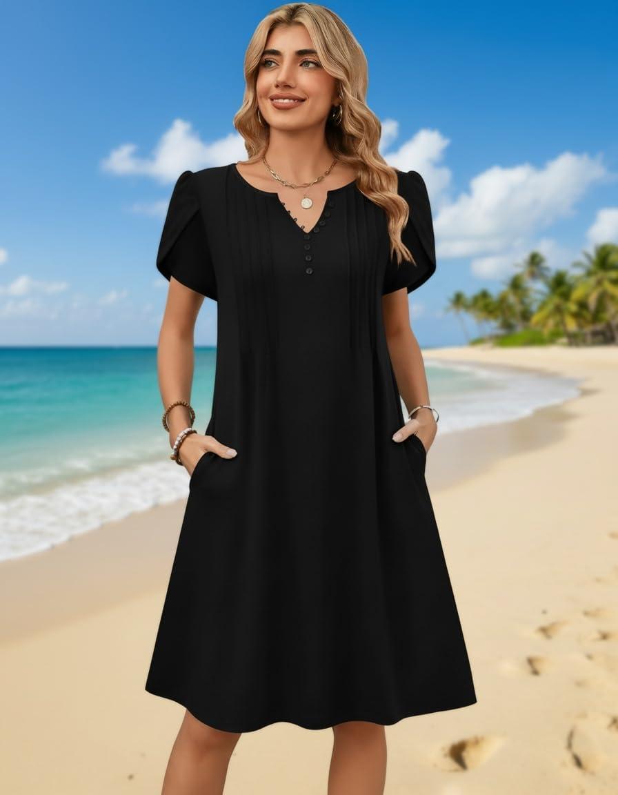 imageZeagoo Womens Casual Dresses with Pockets Summer Floral VNeck ALine Tshirt Dress Short Sleeve Mini Dress Beach SundressBlack