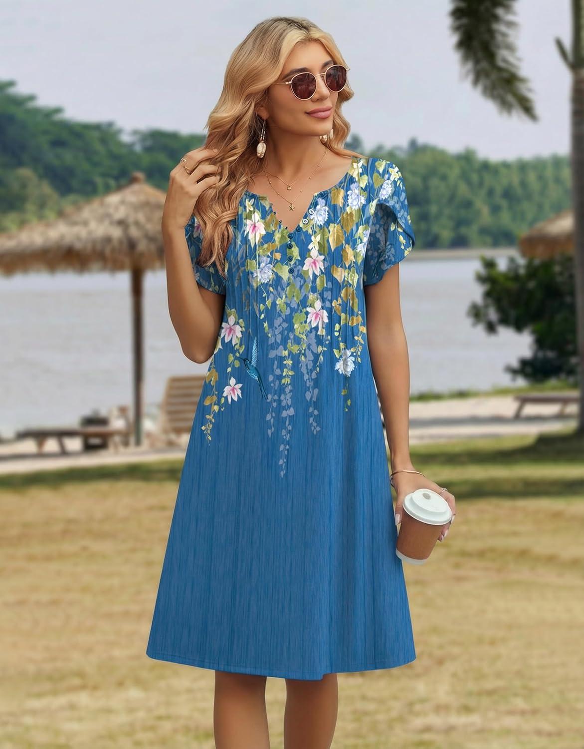 imageZeagoo Womens Casual Dresses with Pockets Summer Floral VNeck ALine Tshirt Dress Short Sleeve Mini Dress Beach SundressBlue Bloom
