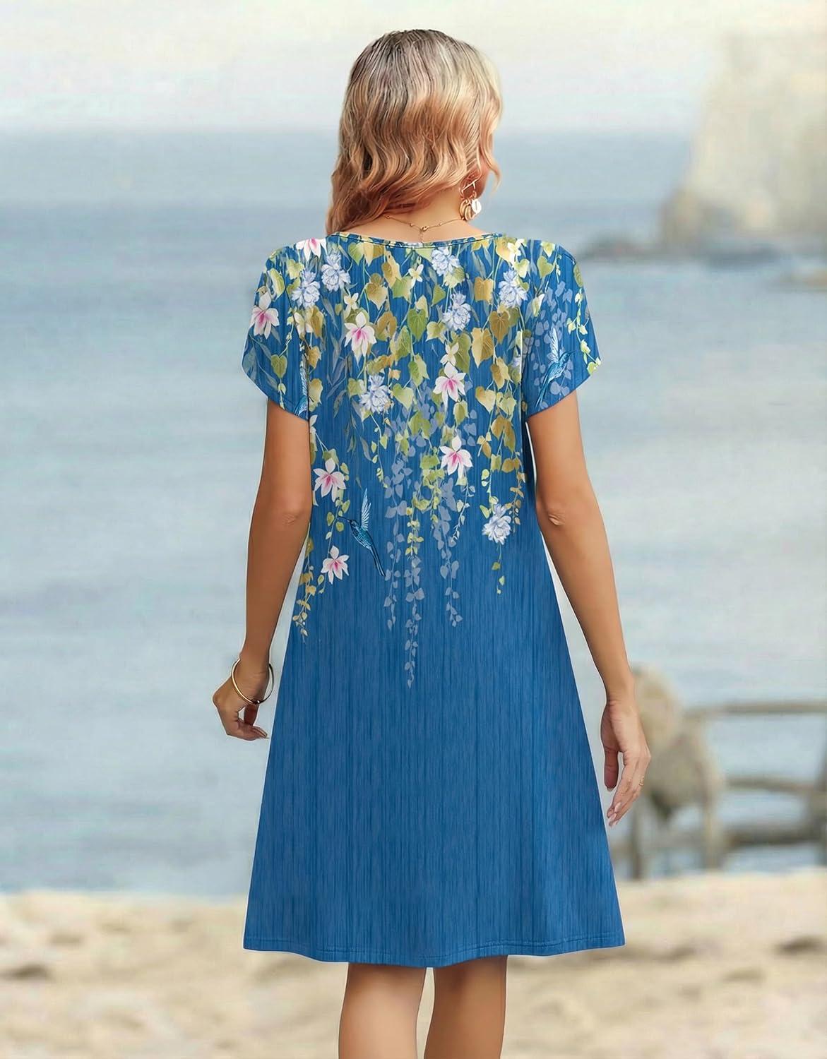 imageZeagoo Womens Casual Dresses with Pockets Summer Floral VNeck ALine Tshirt Dress Short Sleeve Mini Dress Beach SundressBlue Bloom