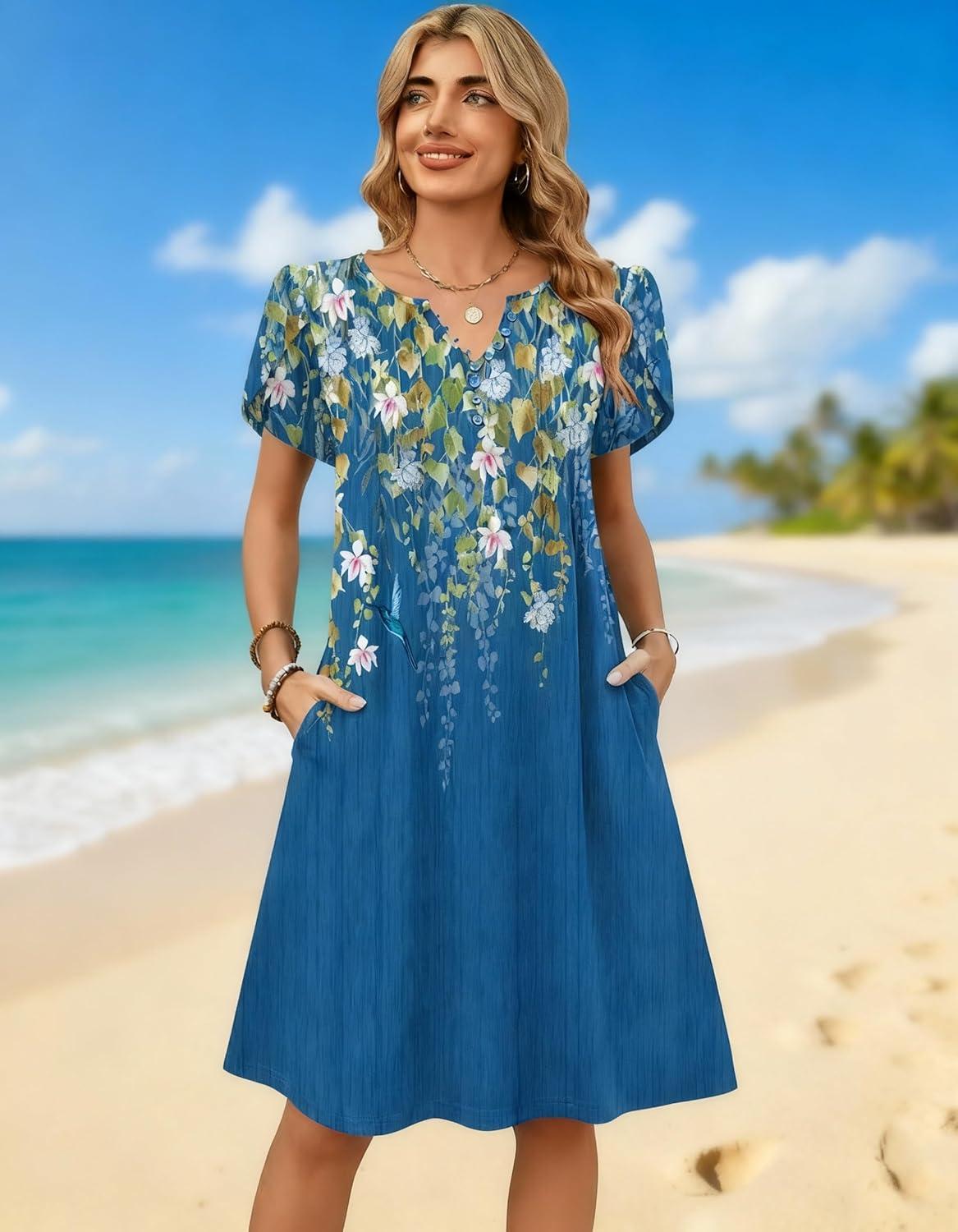 imageZeagoo Womens Casual Dresses with Pockets Summer Floral VNeck ALine Tshirt Dress Short Sleeve Mini Dress Beach SundressBlue Bloom