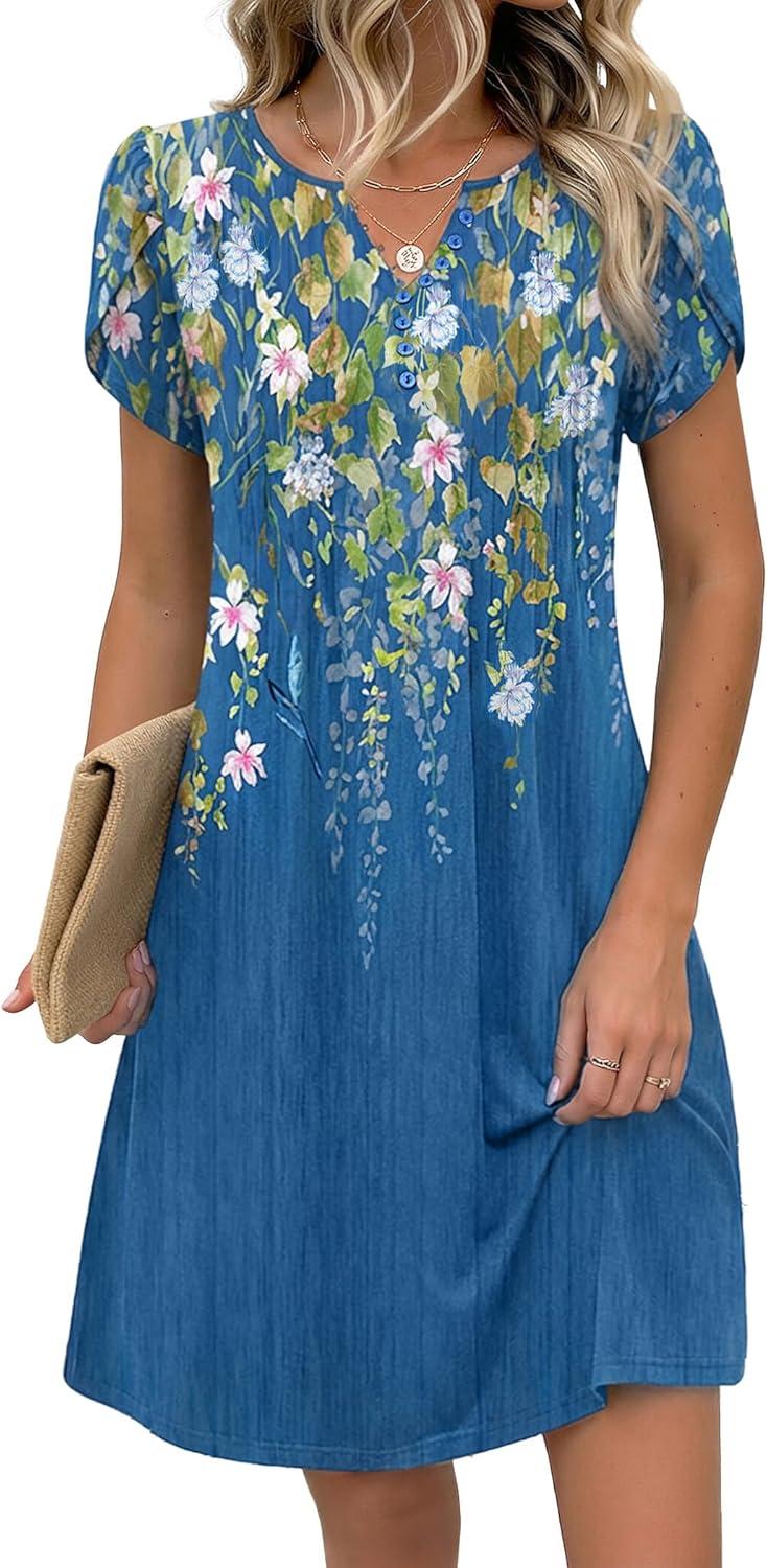 imageZeagoo Womens Casual Dresses with Pockets Summer Floral VNeck ALine Tshirt Dress Short Sleeve Mini Dress Beach SundressBlue Bloom