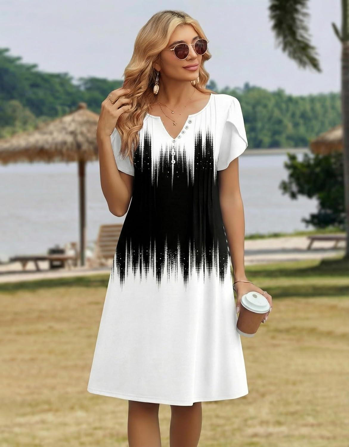 imageZeagoo Womens Casual Dresses with Pockets Summer Floral VNeck ALine Tshirt Dress Short Sleeve Mini Dress Beach SundressGradient Black White