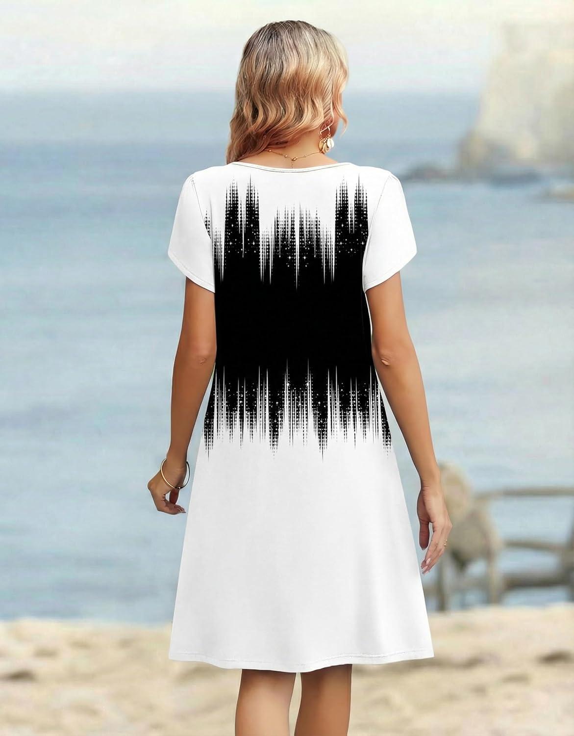 imageZeagoo Womens Casual Dresses with Pockets Summer Floral VNeck ALine Tshirt Dress Short Sleeve Mini Dress Beach SundressGradient Black White