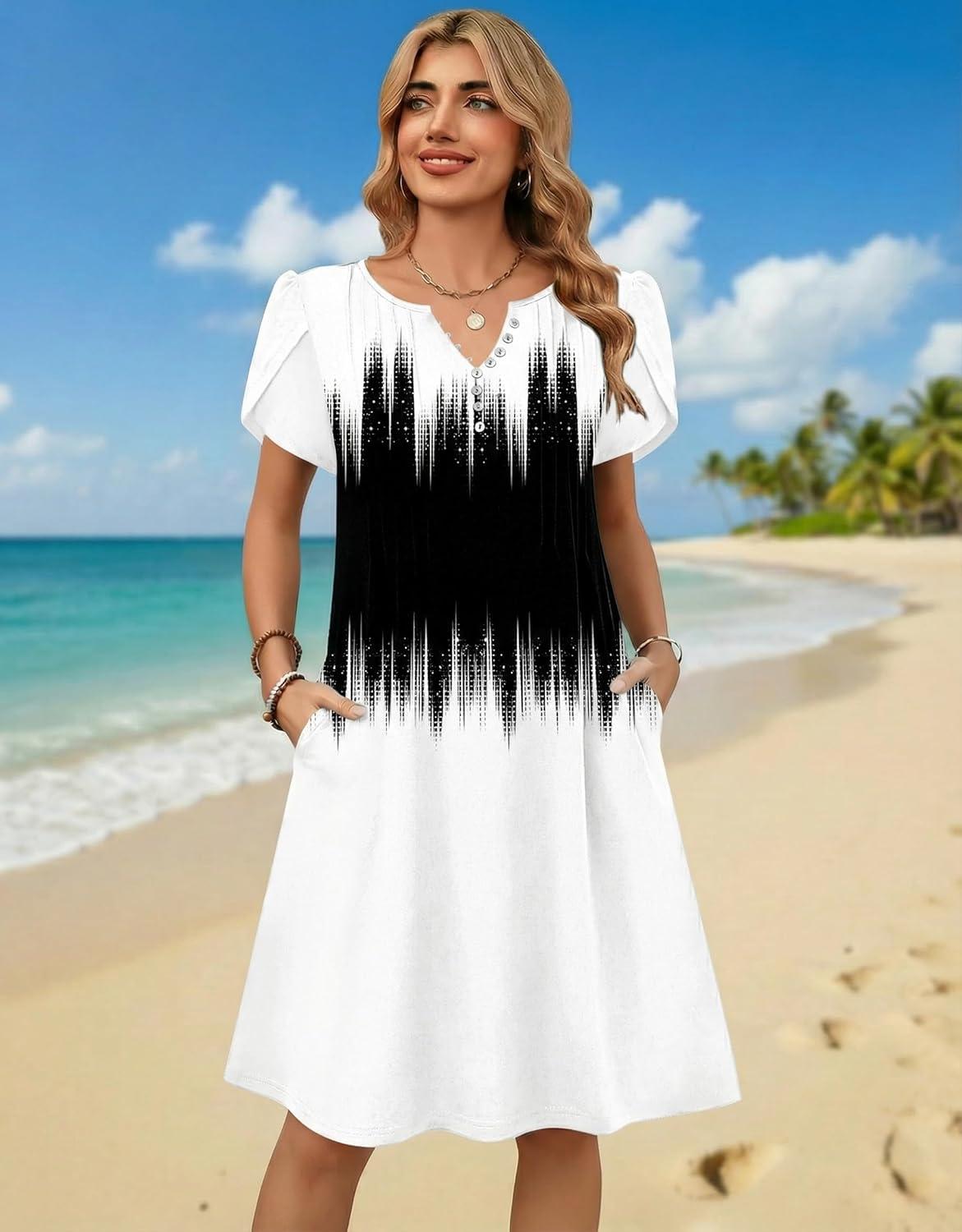 imageZeagoo Womens Casual Dresses with Pockets Summer Floral VNeck ALine Tshirt Dress Short Sleeve Mini Dress Beach SundressGradient Black White
