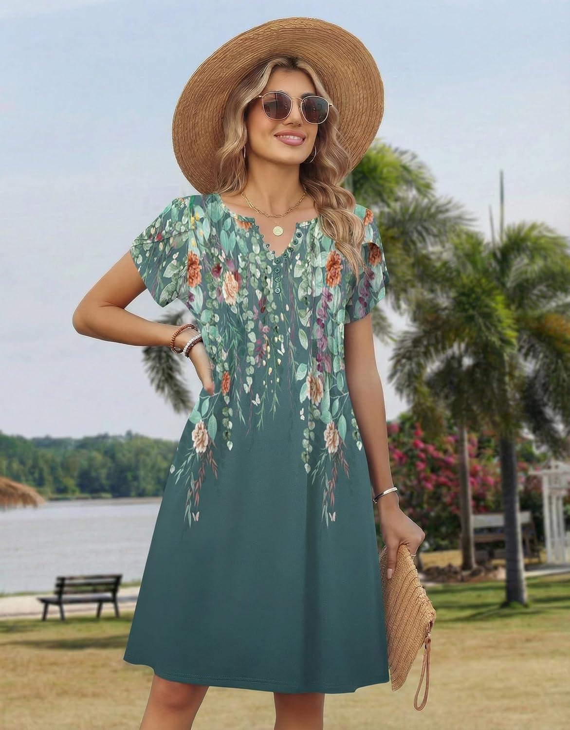 imageZeagoo Womens Casual Dresses with Pockets Summer Floral VNeck ALine Tshirt Dress Short Sleeve Mini Dress Beach SundressGraygreen Floral