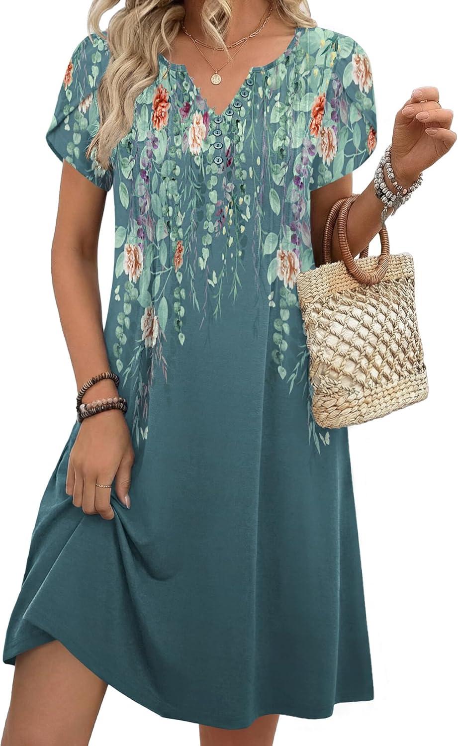 imageZeagoo Womens Casual Dresses with Pockets Summer Floral VNeck ALine Tshirt Dress Short Sleeve Mini Dress Beach SundressGraygreen Floral