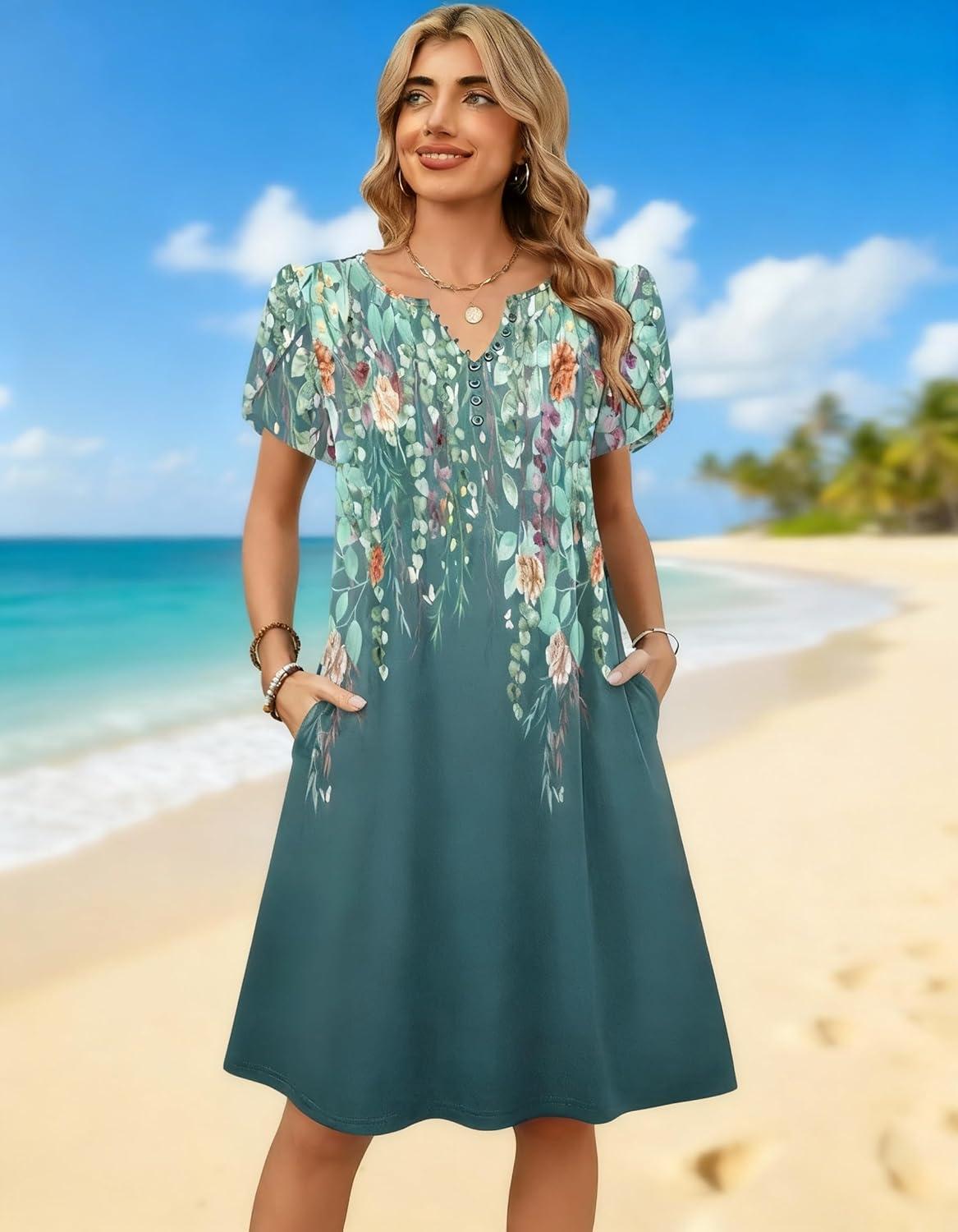 imageZeagoo Womens Casual Dresses with Pockets Summer Floral VNeck ALine Tshirt Dress Short Sleeve Mini Dress Beach SundressGraygreen Floral