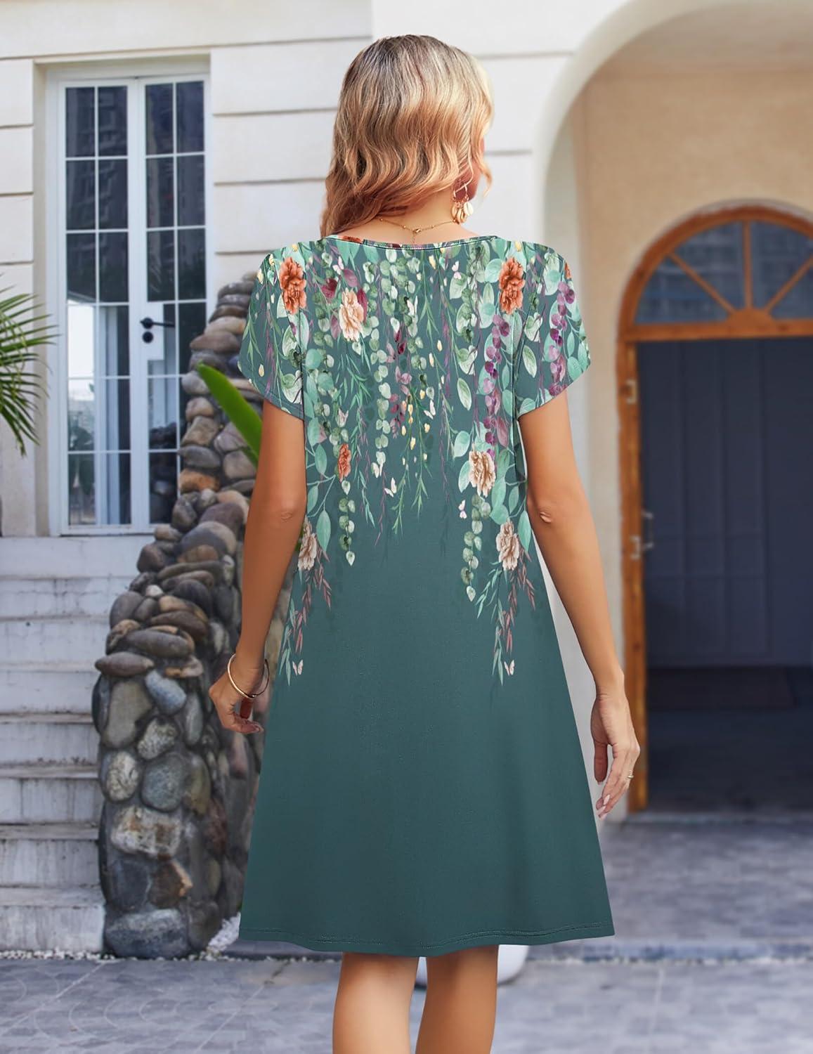 imageZeagoo Womens Casual Dresses with Pockets Summer Floral VNeck ALine Tshirt Dress Short Sleeve Mini Dress Beach SundressGraygreen Floral