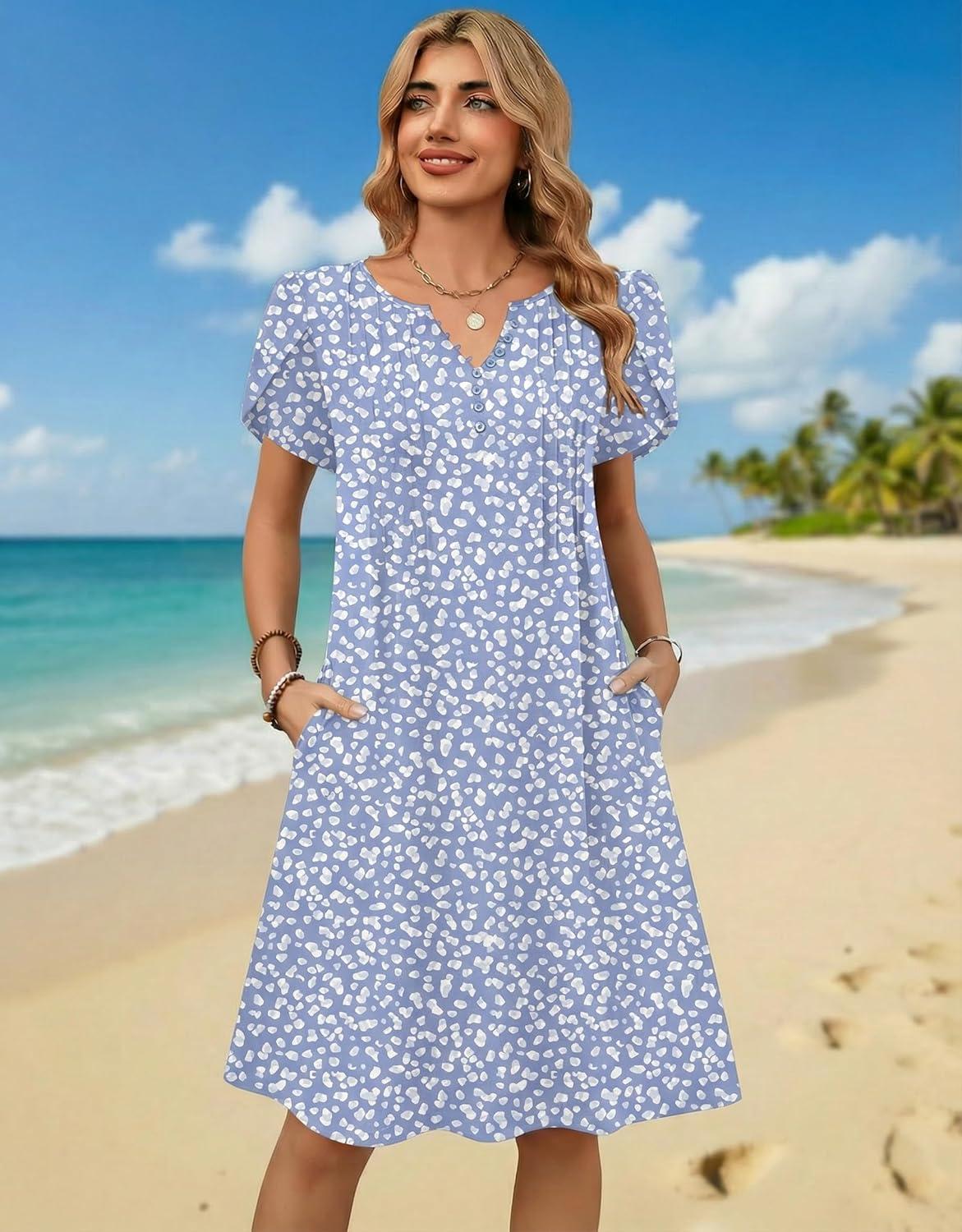 imageZeagoo Womens Casual Dresses with Pockets Summer Floral VNeck ALine Tshirt Dress Short Sleeve Mini Dress Beach SundressGrey Bluewhite